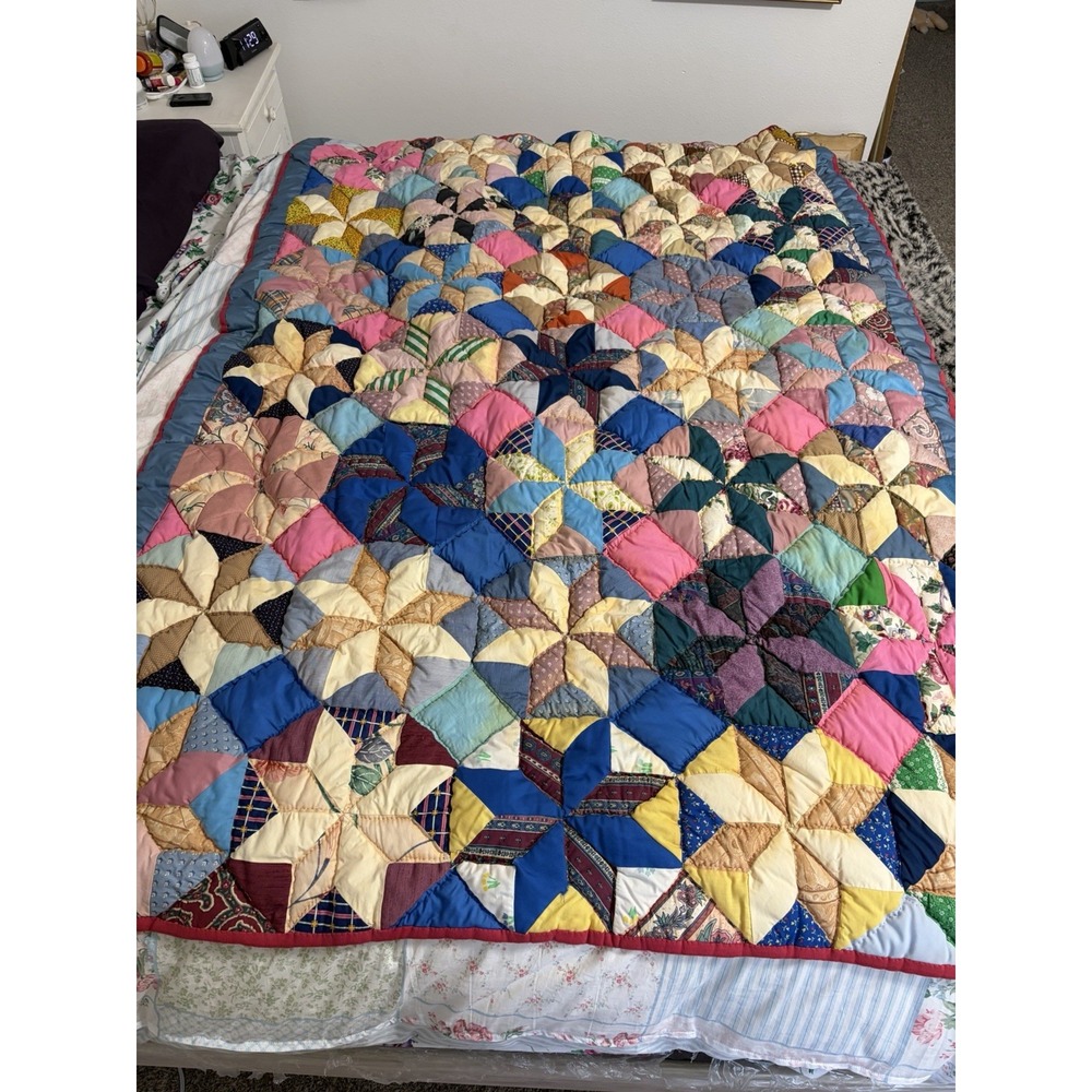 Vintage Handmade Patchwork Puffy Star Faded, Color Flaws, Twin Quilt 74"x57"